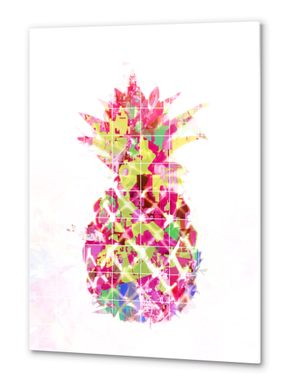 pineapple in pink yellow green blue with geometric triangle pattern abstract Metal prints by Timmy333