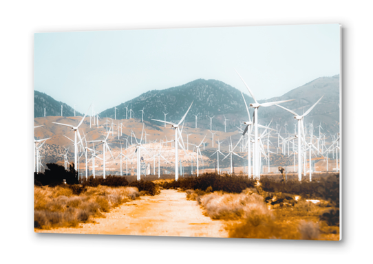 Wind turbine in the desert with mountain background at Kern County California USA  Metal prints by Timmy333