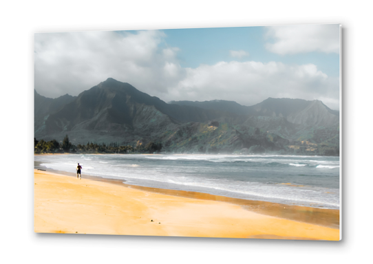 jogging at the beach with green mountain scenic Kauai Hawaii USA Metal prints by Timmy333