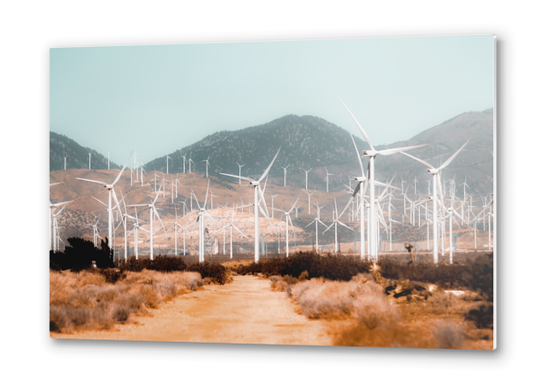 Wind turbine in the desert with mountain background at Kern County California USA Metal prints by Timmy333