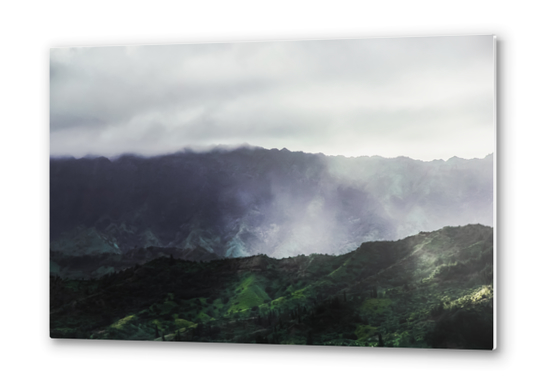 green tropical mountains with foggy sky at Kauai, Hawaii, USA Metal prints by Timmy333