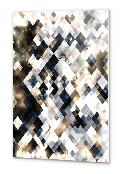 geometric square pixel pattern abstract art in brown and black Metal prints by Timmy333