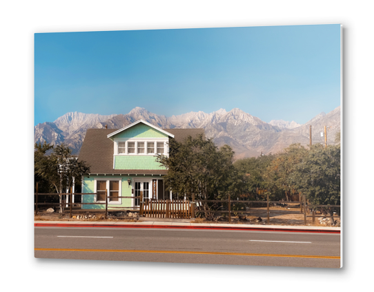 blue house with mountain view background in California USA Metal prints by Timmy333