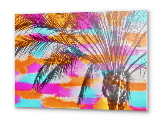 palm tree with colorful painting abstract background in pink orange blue Metal prints by Timmy333