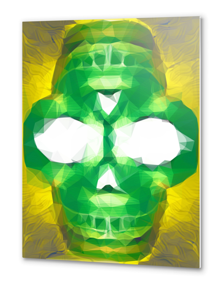 psychedelic skull art geometric triangle abstract pattern in green yellow Metal prints by Timmy333