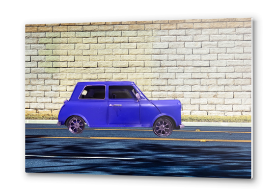 blue classic car on the road with brick wall background Metal prints by Timmy333