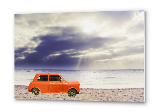 orange classic car on the sandy beach with beautiful sky and beach background Metal prints by Timmy333