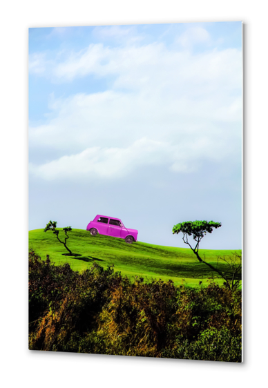 pink classic car on the green mountain with cloudy blue sky Metal prints by Timmy333