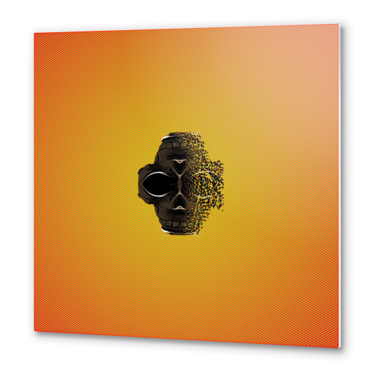 fractal black skull portrait with orange abstract background Metal prints by Timmy333