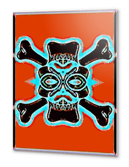 black vintage skull and bone graffiti drawing with blue and red background Metal prints by Timmy333