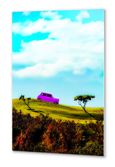 pink classic car on the green mountain with cloudy blue sky Metal prints by Timmy333