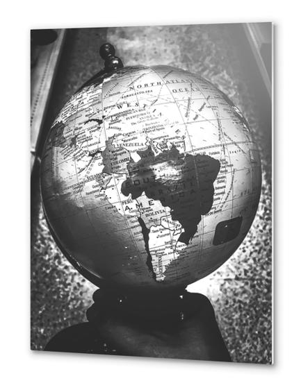 holding globe map in black and white Metal prints by Timmy333