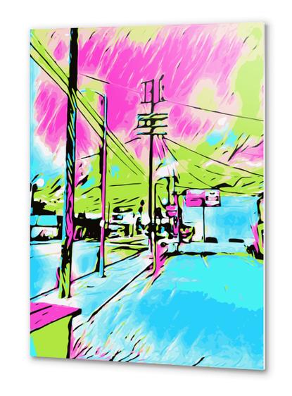 drawing and painting blue city with pink and green sky Metal prints by Timmy333