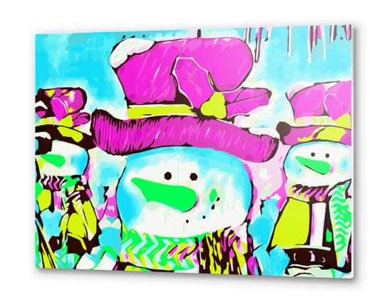 snowman with pink hat and blue background Metal prints by Timmy333