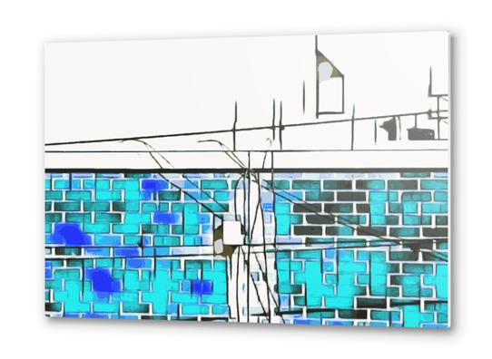 blue and dark blue brick building with wire background Metal prints by Timmy333