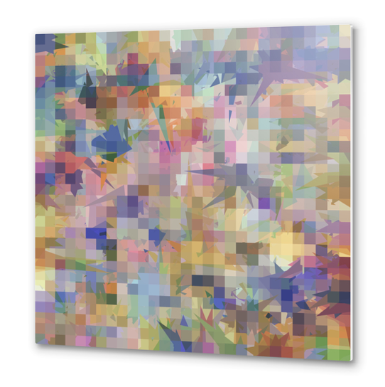 geometric square pixel and triangle pattern abstract in blue pink yellow Metal prints by Timmy333