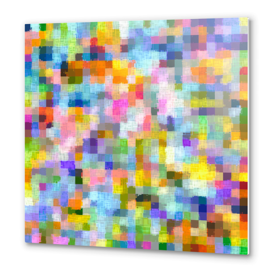 geometric square pixel pattern abstract in blue pink yellow orange Metal prints by Timmy333