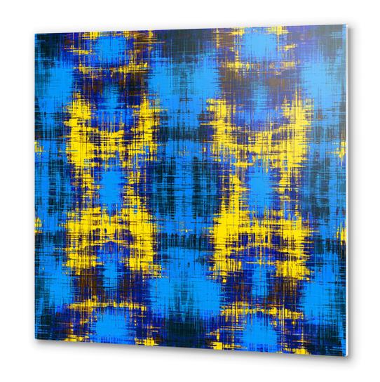 geometric plaid pattern painting abstract in blue yellow and black Metal prints by Timmy333