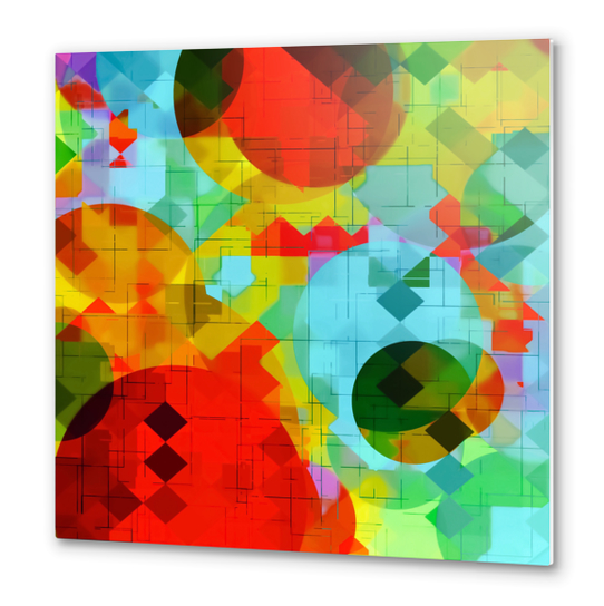 geometric square pixel and circle pattern abstract in red blue yellow Metal prints by Timmy333