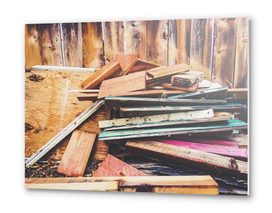 stack of wood with wooden fence background Metal prints by Timmy333