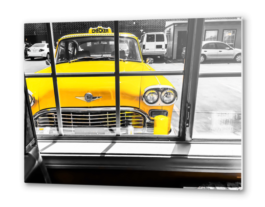 vintage yellow taxi car with black and white background Metal prints by Timmy333