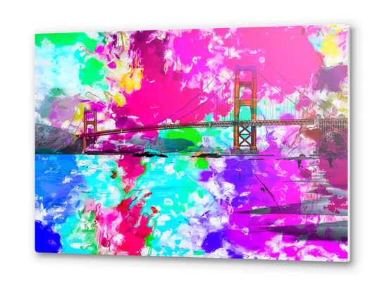 Golden Gate bridge, San Francisco, USA with pink blue green purple painting abstract background Metal prints by Timmy333