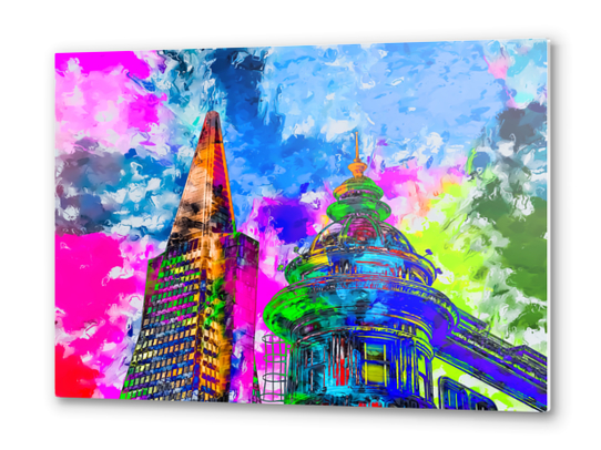 pyramid building and classic building exterior at San Francisco, USA with colorful painting abstract background Metal prints by Timmy333