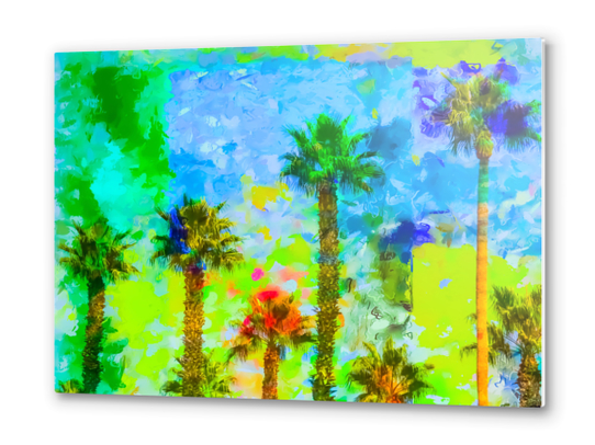 green palm tree with blue yellow green painting abstract background Metal prints by Timmy333