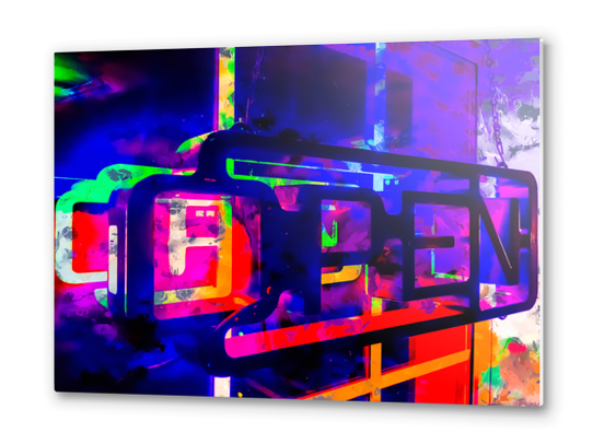 OPEN neon sign with pink purple red and blue painting abstract background Metal prints by Timmy333