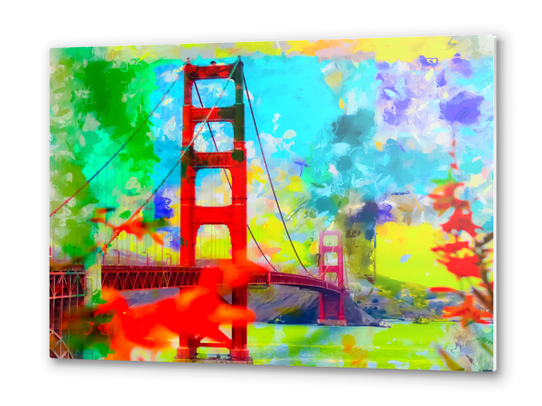 Golden Gate bridge, San Francisco, USA with blue yellow green painting abstract background Metal prints by Timmy333