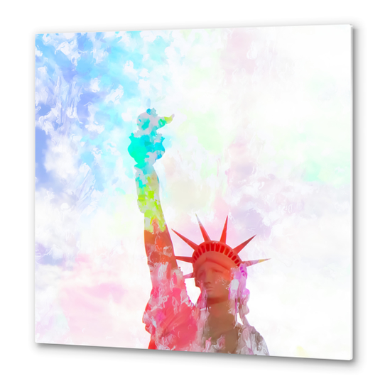 Statue of Liberty with colorful painting abstract background in red pink blue yellow Metal prints by Timmy333