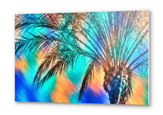 isolate palm tree with painting abstract background in green blue orange Metal prints by Timmy333