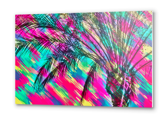 palm tree with colorful abstract background in pink green yellow blue Metal prints by Timmy333