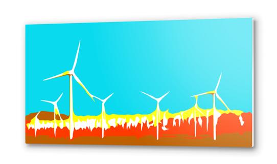 wind turbine in the desert with blue brown red and yellow background Metal prints by Timmy333