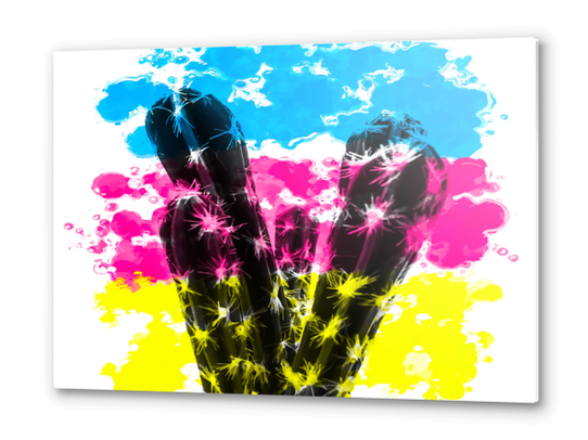 cactus with colorful painting abstract background in blue pink yellow Metal prints by Timmy333