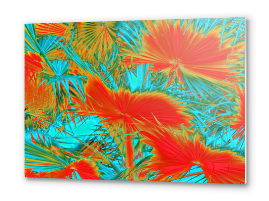 closeup palm leaf texture abstract background in orange blue green Metal prints by Timmy333