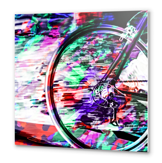 bicycle wheel with colorful abstract background in green red and purple Metal prints by Timmy333