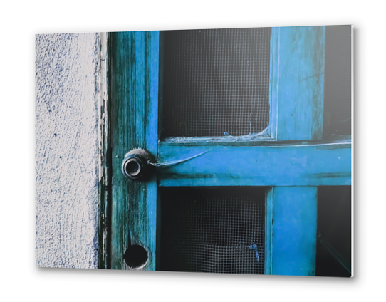 closeup old blue vintage wood door texture background Metal prints by Timmy333