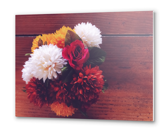 red rose and yellow white and brown flower with wood background Metal prints by Timmy333