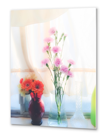 pink flower and orange flower in the vase with curtain background Metal prints by Timmy333