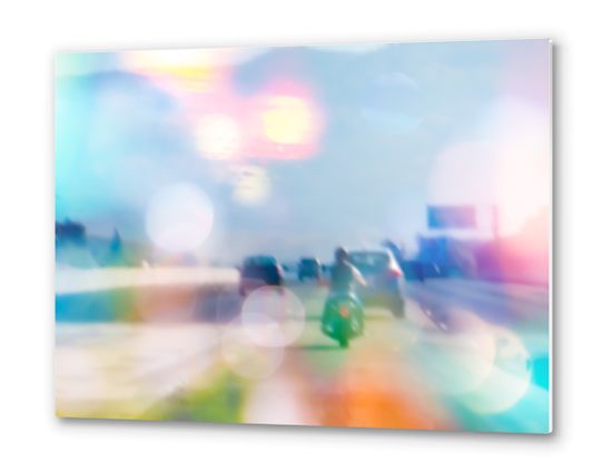 car and motorcycle on the road in the city with bokeh light Metal prints by Timmy333