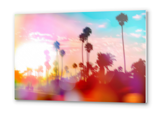 palm tree with sunset sky and light bokeh abstract background Metal prints by Timmy333