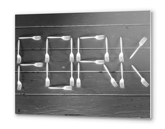 FORK alphabet made with plastic forks on the wooden table in black and white Metal prints by Timmy333