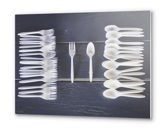 plastic forks and plastic spoons with wooden table Metal prints by Timmy333