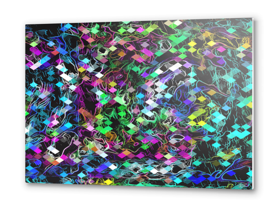 psychedelic geometric pixel abstract pattern in green blue pink yellow black Metal prints by Timmy333