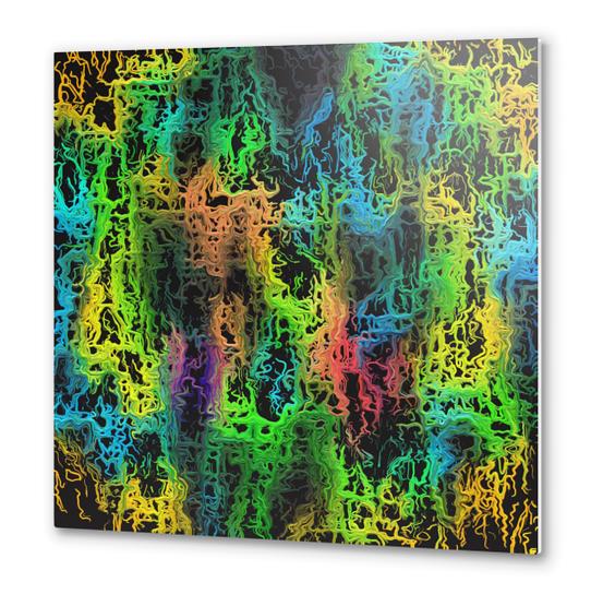 psychedelic geometric painting abstract in green blue yellow pink and black Metal prints by Timmy333