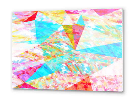 psychedelic geometric triangle polygon pattern abstract in blue pink yellow Metal prints by Timmy333