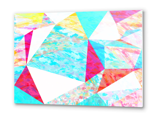 psychedelic geometric triangle polygon pattern abstract in blue pink yellow orange Metal prints by Timmy333