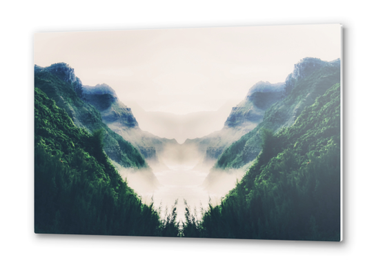 green mountains with ocean view and foggy sky Metal prints by Timmy333