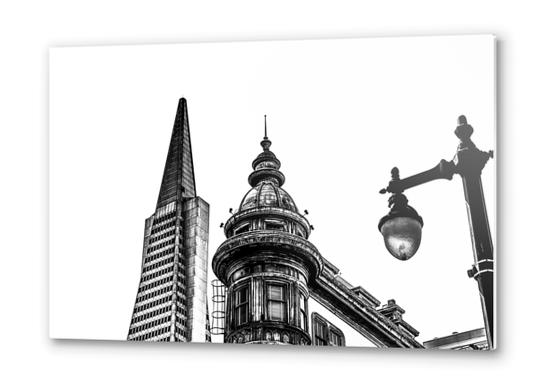 pyramid building and vintage style building at San Francisco, USA in black and white Metal prints by Timmy333